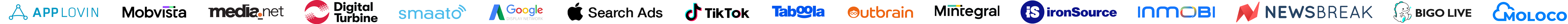 AppLovin, Mobvista, Media.net, Digital Turbine, Smaato, Google Display Network, Apple Search Ads, TikTok, Taboola, Outbrain, Mintegral, ironSource, InMobi, NewsBreak, Bigo Live, Moloco