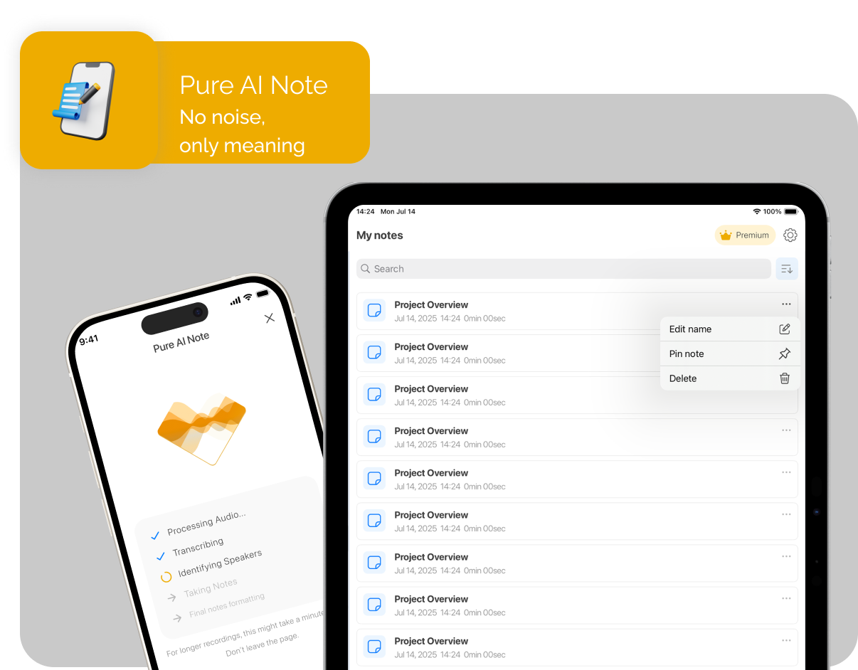 Pure AI Note app on iPhone and iPad